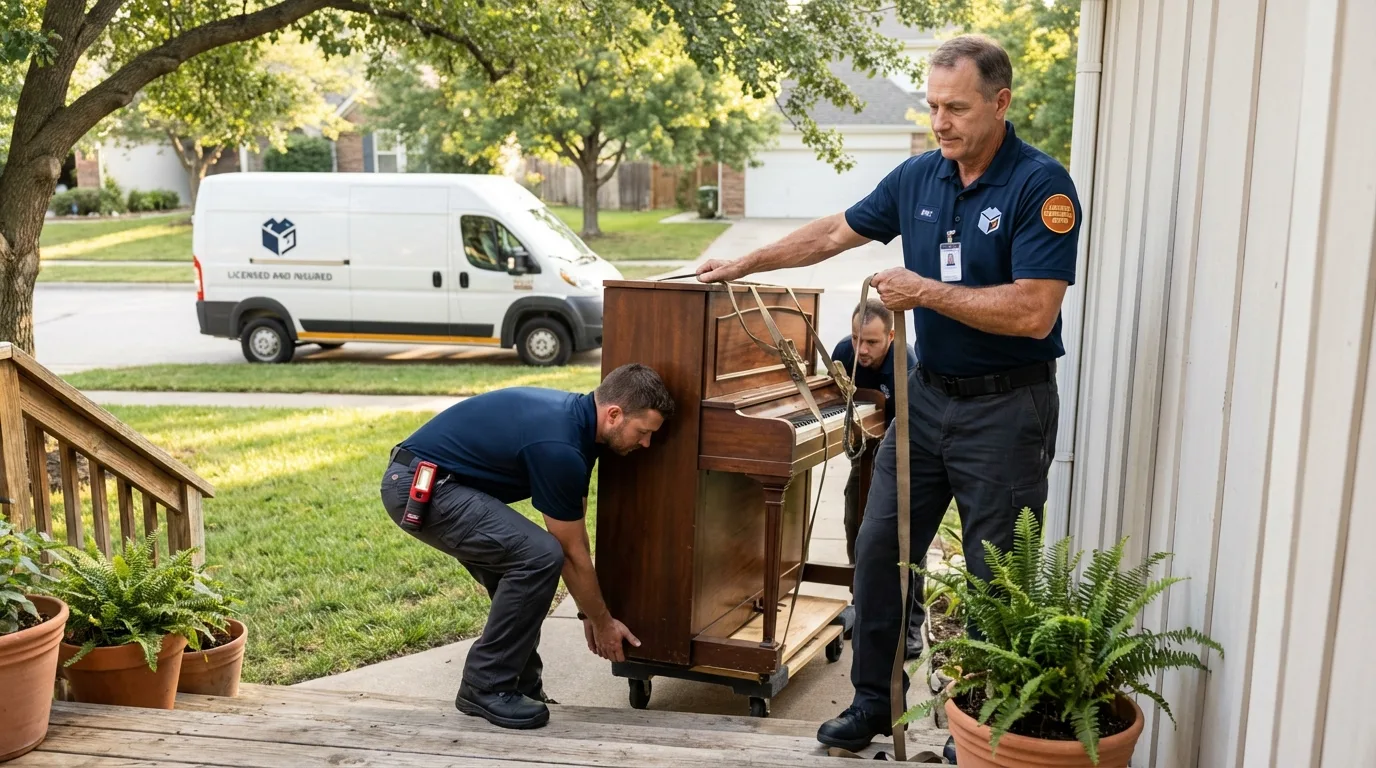 Licensed piano movers securing grand piano in Franklin, OH