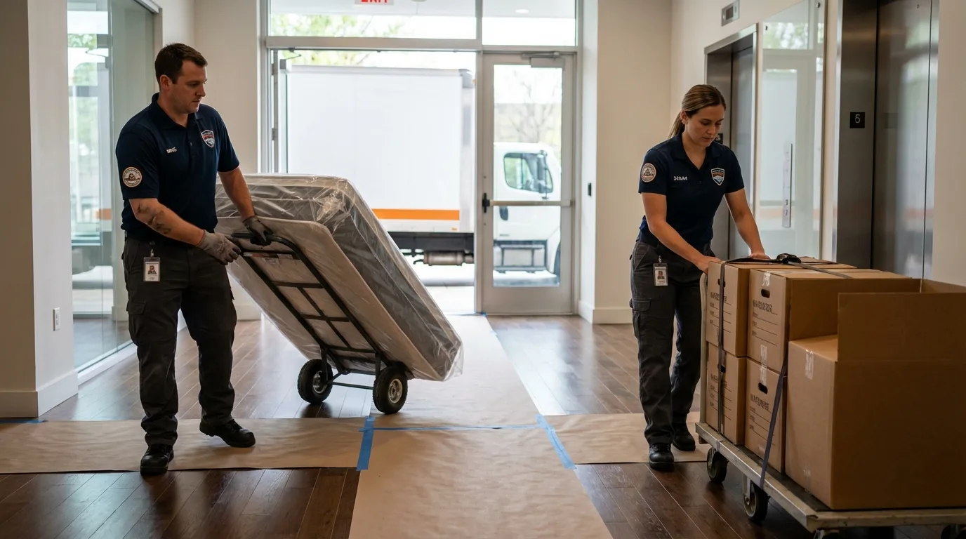 Professional apartment movers loading elevator in Franklin, OH